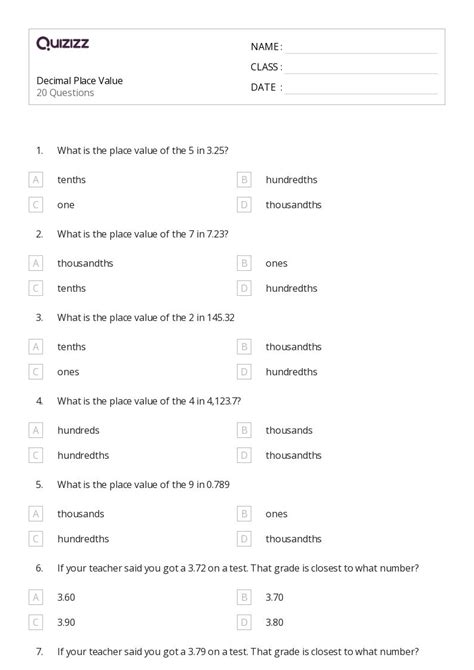 50 Decimal Place Value Worksheets For 7th Class On Quizizz Free And Printable