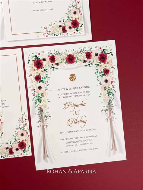 Burgundy Floral Mandap Tiered Indian Wedding Card By Rohan Aparna