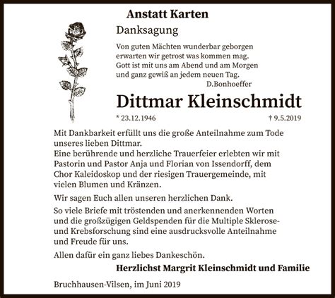 Traueranzeigen Von Dittmar Kleinschmidt Trauer Kreiszeitung De