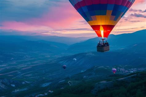 Premium Photo Hot Air Balloon Flying Over The Mountain View