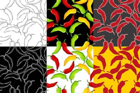 Premium Vector Red Green Yellow Pepper Vector Seamless Pattern Set