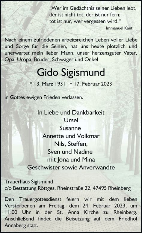 Alle Traueranzeigen für Gido Sigismund trauer rp online de