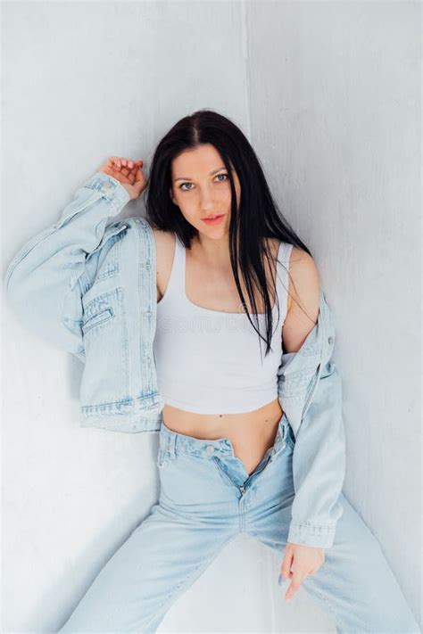 Beautiful Slim Fashion Brunette Woman In Denim Suit Stock Photo Image Of Fashionable Charming