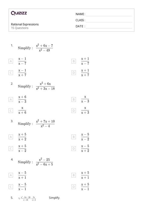 Rational Expressions Worksheets For Th Grade On Quizizz Free