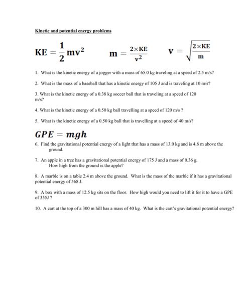 Kinetic And Potential Energy Problems Worksheet