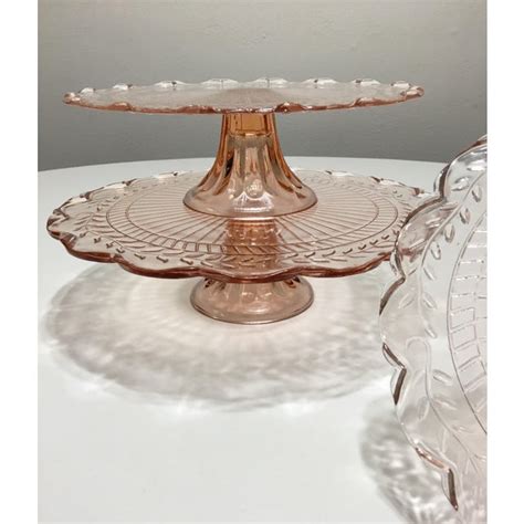 Pink Depression Glass Pedestal Cake Plates Set Of 3 Chairish