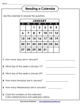 Calendar Math Worksheets