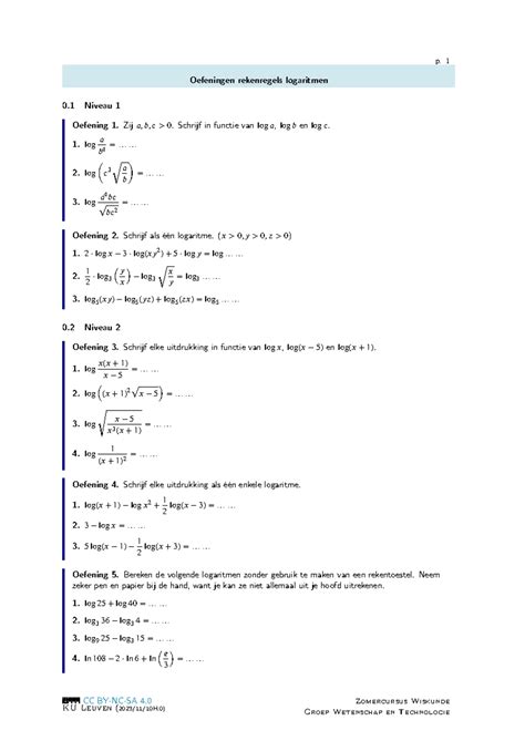 Logaritmen Rekenregels Oefeningen Rekenregels Logaritmen P