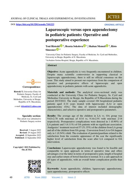 Pdf Specialty Section Laparoscopic Versus Open Appendectomy In Pediatric Patients Operative