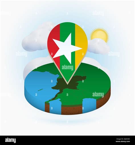 Isometric Round Map Of Myanmar And Point Marker With Flag Of Myanmar