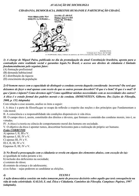 Avalia O De Sociologia Cidadania Democracia Participa O Cidad