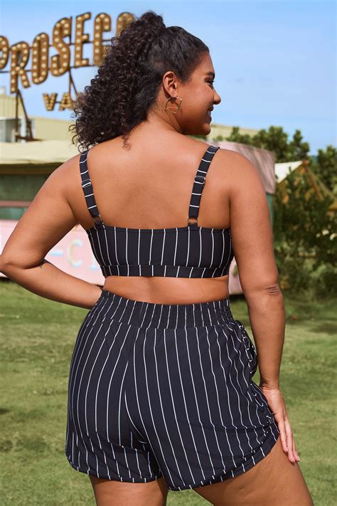 Black Striped Adjustable Straps Timeless Bikini Top With Boy Short Set