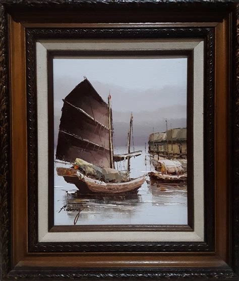 Home Décor Wong Original Oil Painting Chinese Junk Boats P Home