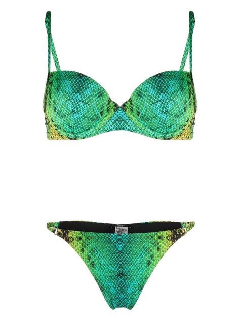 Noire Swimwear Snakeskin Print Bikini Set Green FARFETCH