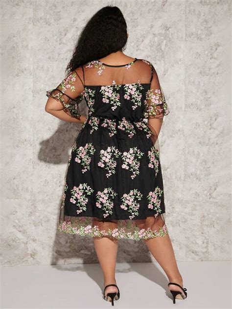 Shein Curve Plus Floral Embroidery Mesh Overlay Dress Shein Usa