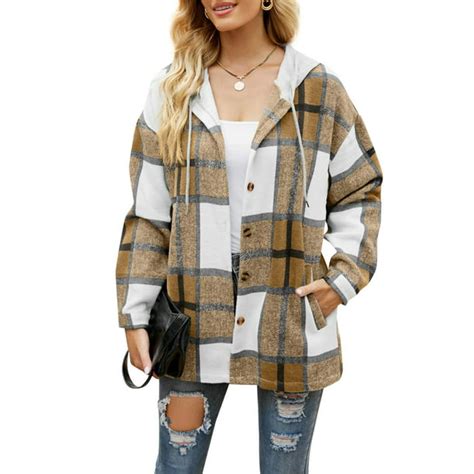 Women Flannel Jacket With Hood Plaid Hooded Shacket Shirt Shacket Coat Fall Spring Clothes