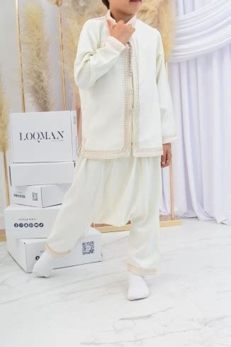 Ensemble Jabador marocain garçon 2 pièces dark nude avec tunique brodée et sarouel