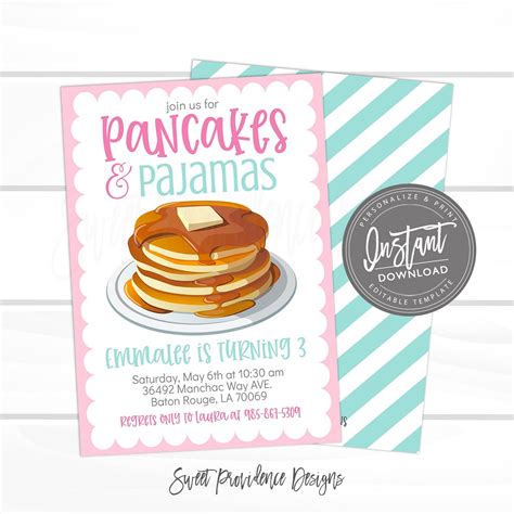 Pancakes And Pajamas Invitation Girls Pancake Birthday Invitation