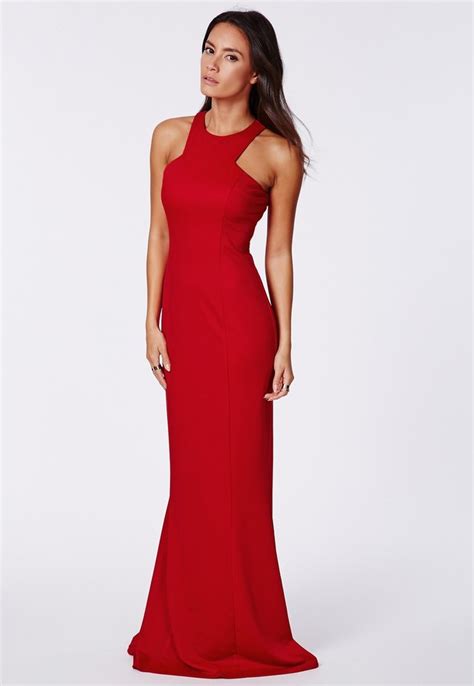 Missguided Kaisa Crepe High Neck Maxi Dress Red 79 Missguided