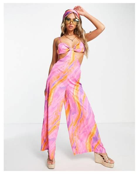 Asos Wide Leg Beach Jumpsuit In Pink Lyst