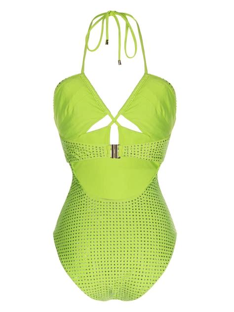 Self Portrait Hot Fix Embellished Strappy Swimsuit Green FARFETCH AO