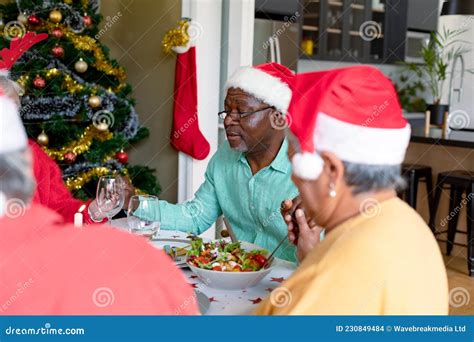 Diverse Group Of Happy Senior Friends Praying Celebrating Christmas