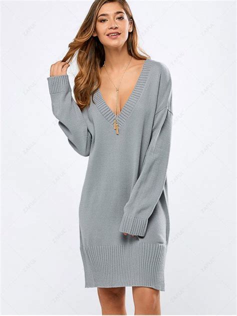 [24 Off] 2021 V Neck Slit Sweater Dress In Gray Zaful