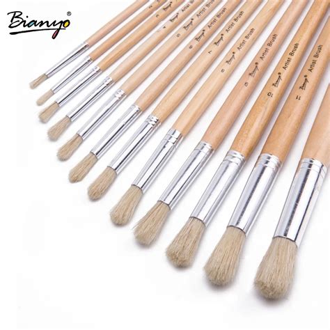 Bianyo 12pcs Round Bristle Hair Wood Handle Advanced Acrylic Paint