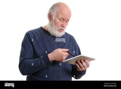 Funny Old Man Using Tablet Computer Isolated On White Stock Photo Alamy