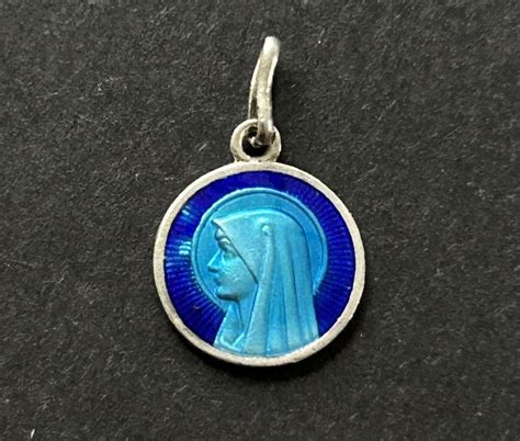 Vintage Dual Blue Enamel Religious Medal Of Our Lady Of Lourdes