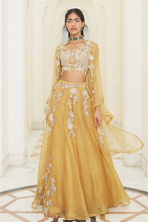 Buy Yellow Organza Embroidery Thread V Neck Lehenga Set For Women By