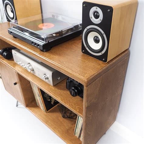 retro audio storage unit record player unit plywood record player