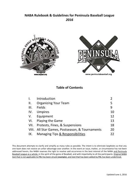 Fillable Online NABA Rulebook Guidelines For Peninsula Baseball