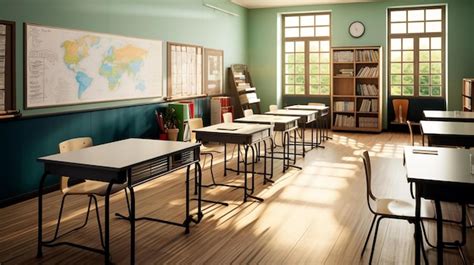 Premium AI Image A Classroom With A Map On The Wall And A Desk With A