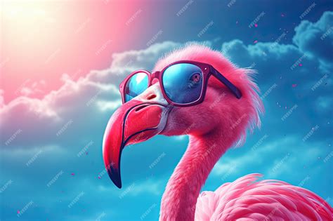 Premium Photo Pink Flamingo Wearing Sunglasses Outdoors With Blue Sky Ai