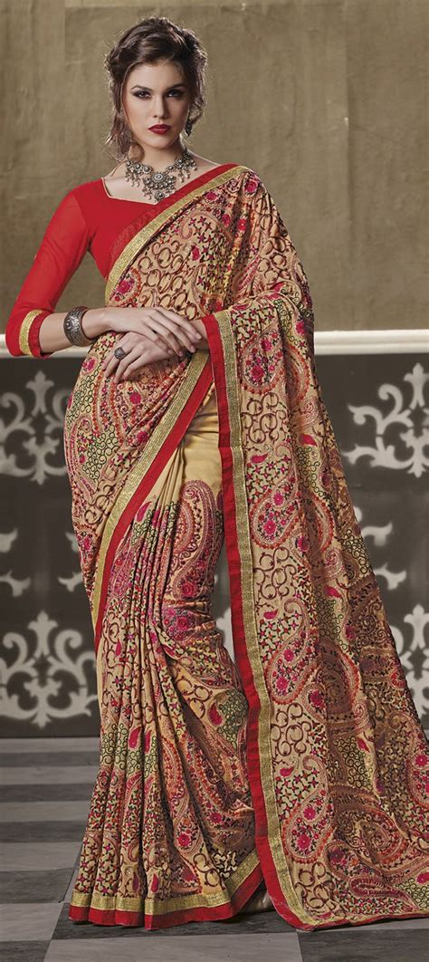 Faux Georgette Party Wear Saree In Beige And Brown With Embroidered