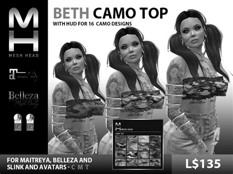 Second Life Marketplace Mesh Head Beth Camo Top Demo Version