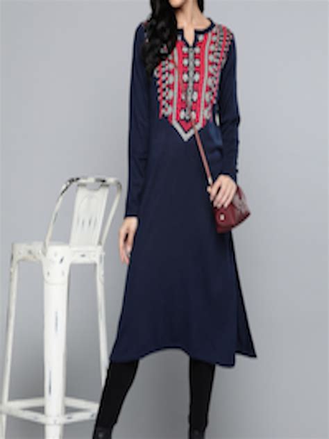 Buy Hereandnow Women Navy Blue And Pink Ethnic Motifs Yoke Design Straight