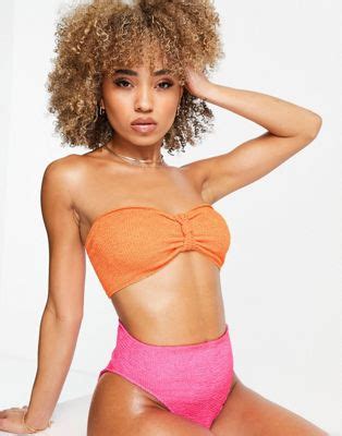Asos Design Mix And Match Crinkle Knot Bandeau Bikini Top In Neon Orange Asos