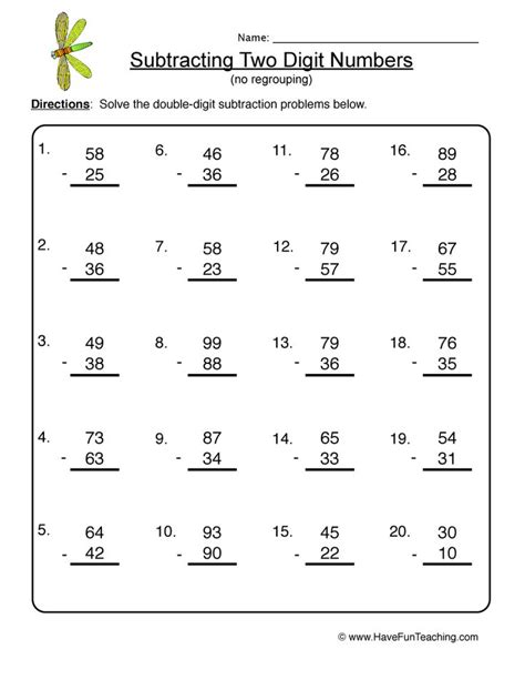 Two Digit Subtraction Without Regrouping Worksheets