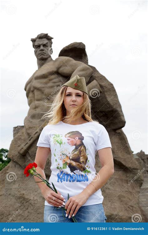 Girl Of Slavic Appearance In A Military Garrison Cap On Mamayev Stock Image Image Of Pose