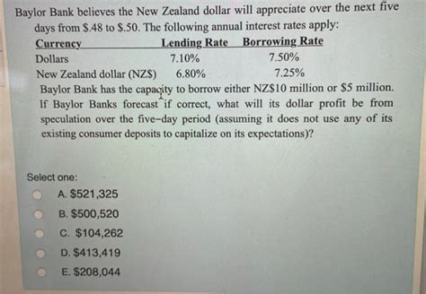 Solved Baylor Bank Believes The New Zealand Dollar Will Chegg