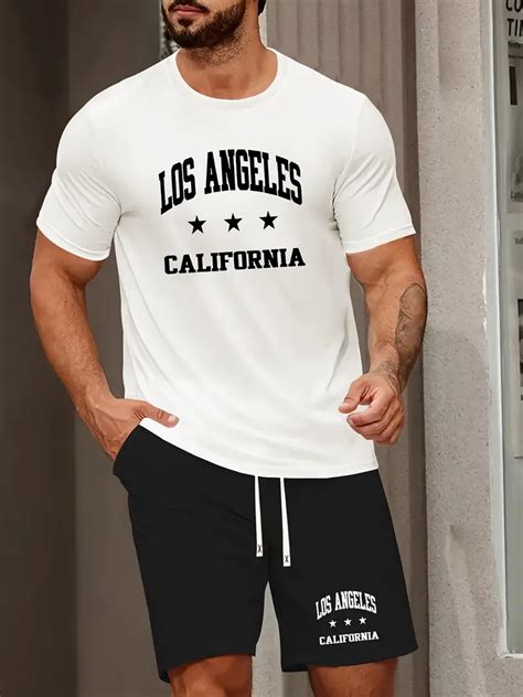 Los Angeles Pattern Print Short Sleeve Round Neck T Shirt Temu Australia