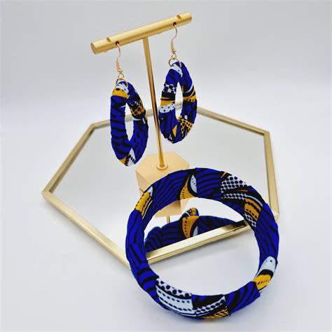 Ankara Print Blue Wrapped Teardrop Earrings African Print Fabric Earrings Matching Bangle T