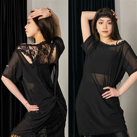 Sexy Black Lace Back Latin Dance Dress Women Mesh Short Sleeves Tops Adult Latin Practice Wear