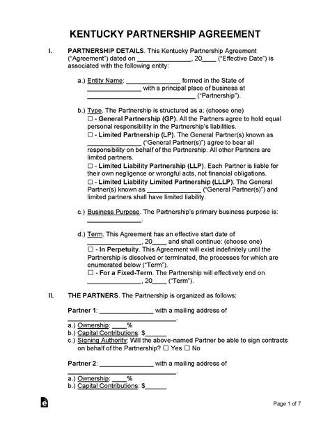 Free Kentucky Partnership Agreement Templates 6 Secretary Of State