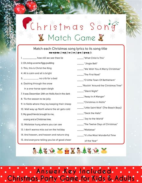 Christmas Song Match Game Holiday Party Game Christmas Printable Game