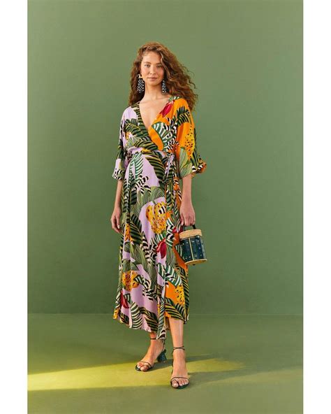 Farm Rio Mixed Striped Bananas Maxi Wrap Dress In Green Lyst