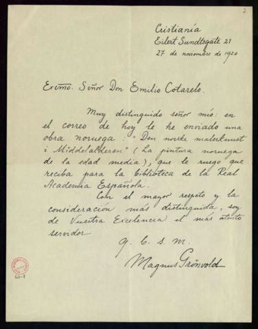 Carta De Magnus Gr Nvold A Emilio Cotarelo En La Que Le Avisa De Que Le