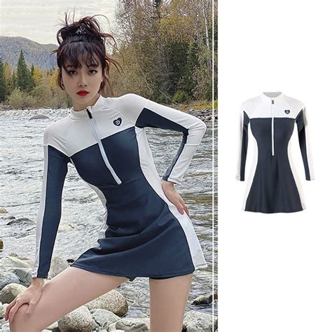 Women S Swimsuit Split Cover Belly Slimming Conservative Boxer Long Sleeved Hot Spring Sports